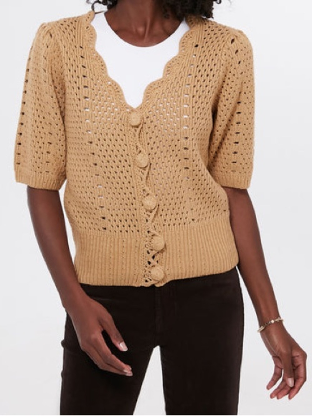 Tuckernuck Hyacinth House Short Sleeve Alice Sweater Cardigan Tan XS Cottagecore - Picture 3 of 11
